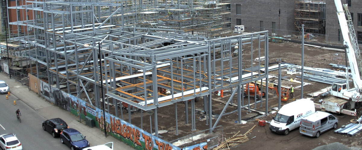 Aerial view of steel structural framework on building site