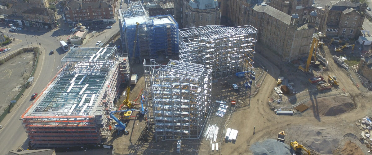 Aerial view of residential steel structural framework